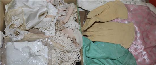 1930s silk pyjama set, gloves, lace trim etc